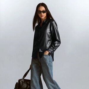 Steele Faux Cotton and PU Leather Black Button Up Shirt Jacket